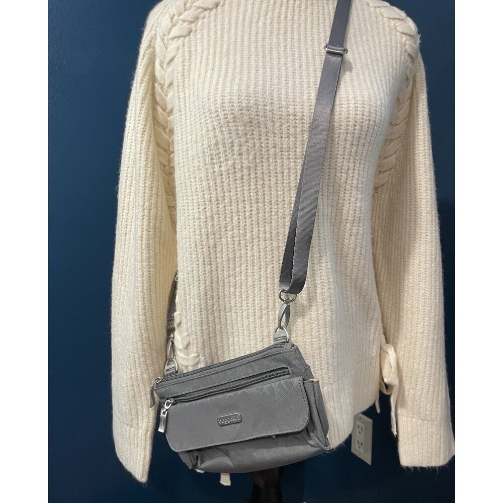 Bagallini Small Grey Crossbody Purse Bag With Leopard Print